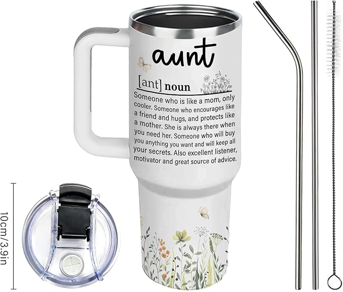 40oz Aunt Tumbler with Lid and Straw, Auntie Cups Travel Mug Butterfly Gifts, Aunt Gifts from Niece Nephew, Auntie Birthday Gift Drinking Coffee Cup