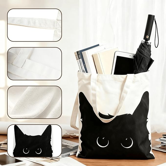 Yivona Canvas Tote Bag for Women, 100% Cotton Cat Tote for Shopping, Travel, School, Gift for Girls, Book Lover, Birthday