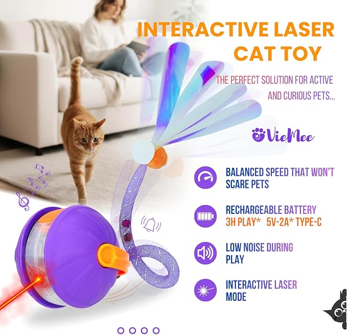 Cat Laser Toy Automatic 4-in-1, Interactive Ball & Laser Pointer for Indoor Cats with 3 Interchangeable Tails, Rechargeable Teasing Pet Toy for Kittens & Adults