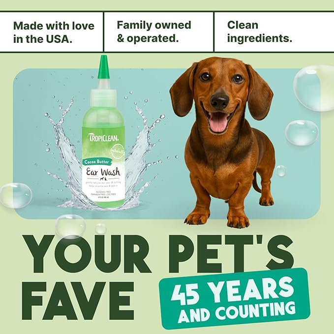 TropiClean Dog Ear Wash, Vet Recommended Ear Cleaning Solution for Itch Relief, Odor Eliminating, Non Stinging Alcohol-Free, Cat Safe, USA Made, 4oz