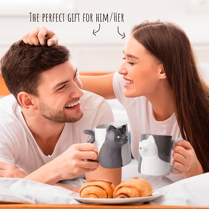 MIAMIO - Kissing Cat Mugs Set/Coffee Cups, Cat Lover Gifts for Men/Women