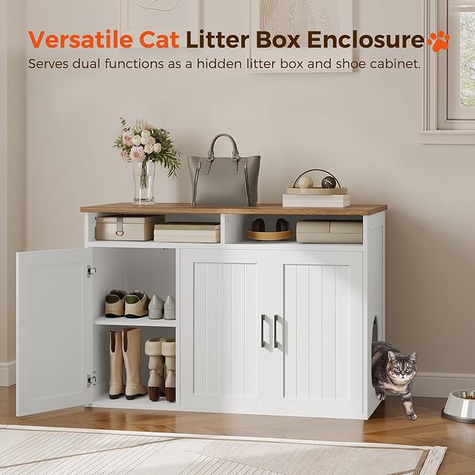 Cat Litter Box Enclosure for Self Cleaning Litter Boxes, Large Hidden Litter Box Furniture with Shelves, Wooden Cat Washroom Storage Cabinet, Automatic Litter Box Enclosure, White CWBZ3001