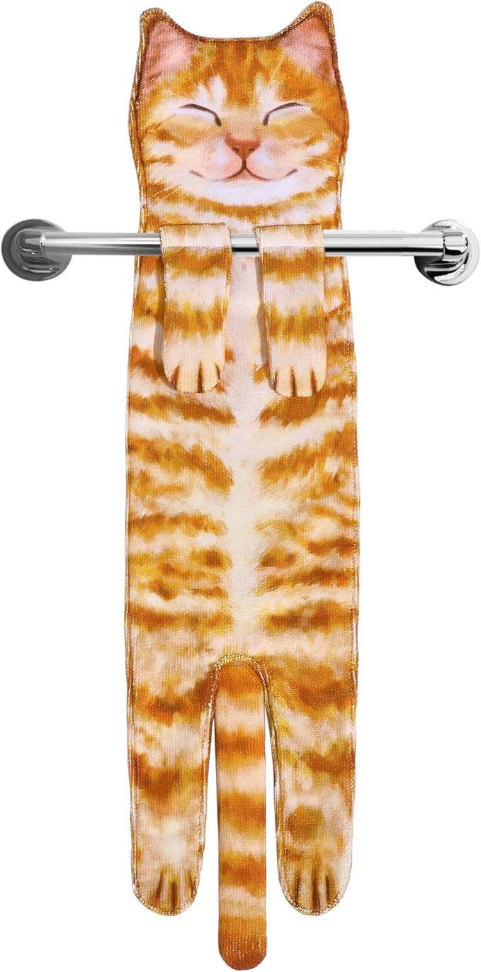Funny Hand Towels for Bathroom Kitchen Decor - Cute Cat Hanging Hand Towel Kitchen Gadgets - Unique Housewarming Birthday Christmas Cat Lover Gift Ideas for Women Mom Lady Adults
