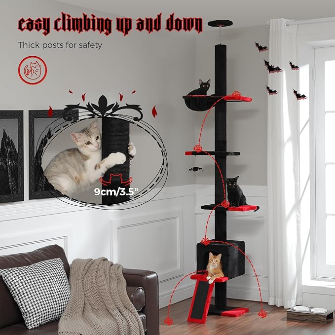 PEQULTI Gothic Cat Tree Floor to Ceiling, Tall Cat Tower, Adjustable Height (83''-108'') 5 Tiers Climbing Tree for Indoor Cats with Cat Condo, Scratching Post and Ladder, Black