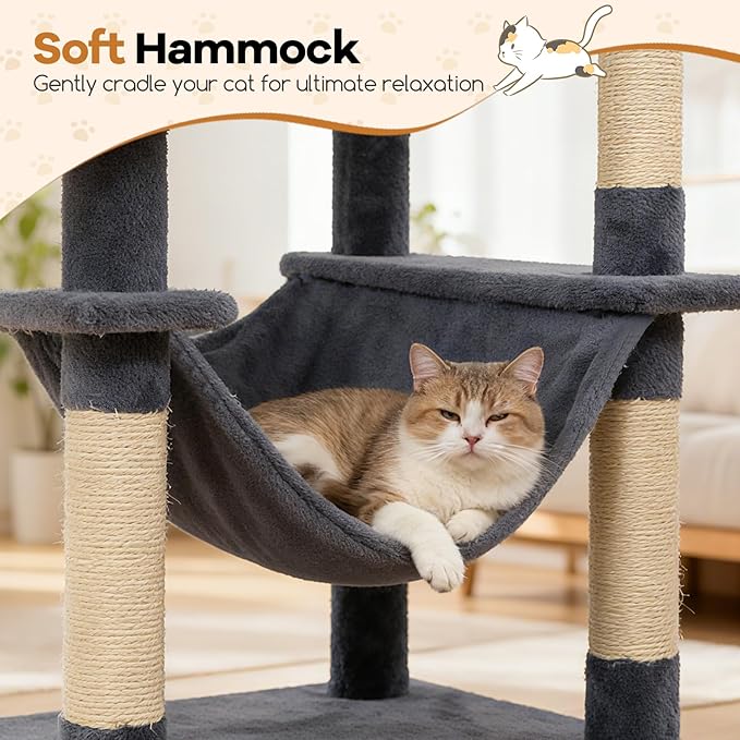 DORTALA 75" Tall Modern Cat Tree, Multi-Level Cat Tower with Large Condos, Sisal Scratching Posts, Top Perch, Hammock, Dangling Balls, Kitten Beds & Climbing Furniture for Indoor Cats (Grey)