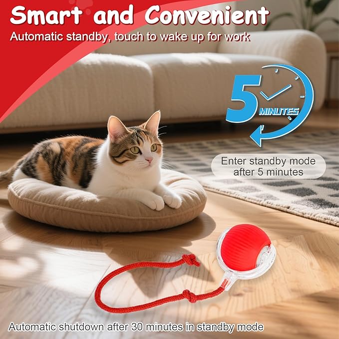 2PCS Interactive Cat Toys Smart Ball for Cats and Dogs, 360° Automatic Rolling Chase, 2 Rapid-Action Tails, Designed for Indoor pet Exercise, Boredom Relief, and Fun Chase Play.（Red＆Blue）