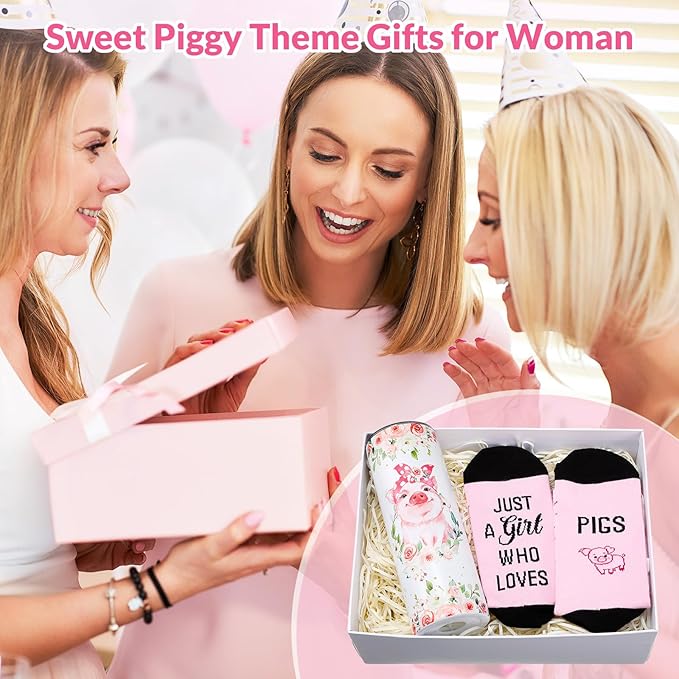 Funnymoom 2 Pack Cute Pig Gifts Set Skinny Tumbler 20 oz Travel Coffee Mug Novelty Cute Animals Socks, Christmas Birthday Party Gifts for Little Pig Themed