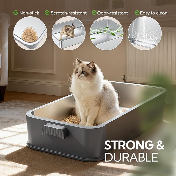 Soulbond Stainless Steel Cat Litter Box with Lid, Enclosed Large Metal Litter Box with Drawer and Flip Door for Big Cats, Top Entry, Odor Control, Easy to Clean (Grey)