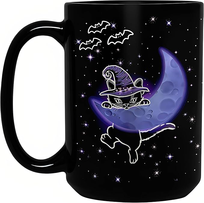 Halloween Witchy Black Cat Coffee Mug, 15oz Gothic Novelty Ceramic Cup, Celestial Moon & Star Spooky Design, Ideal for Hot & Cold Drinks, Cat Lover Gift, Goth Home Decor, Fun Gift for Women & Men