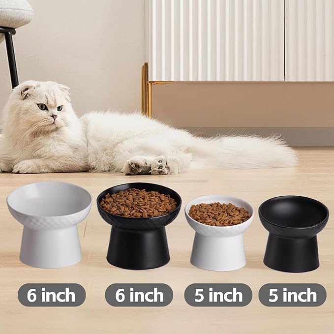 Small Ceramic Raised Cat Bowls, Tilted Elevated Food or Water Bowls, Stress Free, Backflow Prevention, Dishwasher and Microwave Safe, Lead & Cadmium Free(Black)