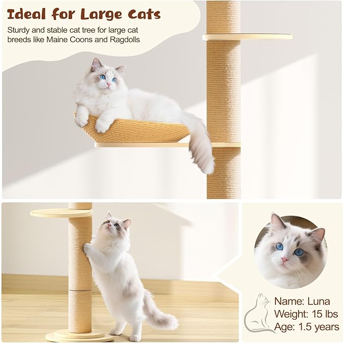 Tinnmao Solid Real Wood Floor to Ceiling Cat Tree, 7 Level Adjustable Height (105"-122"), Modern Climbing Tower with Thickened Wooden Sisal Scratching Posts & Cozy Bed for Indoor Cats Large Adult