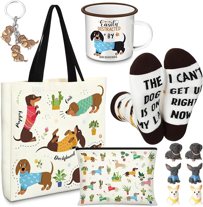 Dachshund Lover Gifts for Women Birthday Gifts Baskets Set Include Canvas Tote Bag, Makeup Bag, Socks, Keychain, Enamel Mug, Small Figurines for Mom, Wife, Sister, Friend