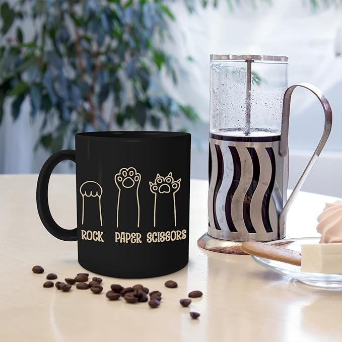 Cat Paw Black Mugs - Cute Paw Designs for Cat Lovers, Rock Paper Scissors Mug 11oz