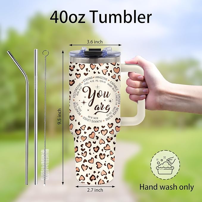 Christian Gifts for Women 40oz Leopard Print Christian You Are Tumbler with Handle and Straw, Leak-proof, Stainless Steel Insulated Travel Mug, Inspiring Religion Birthday Christmas Biblical Gifts Cup