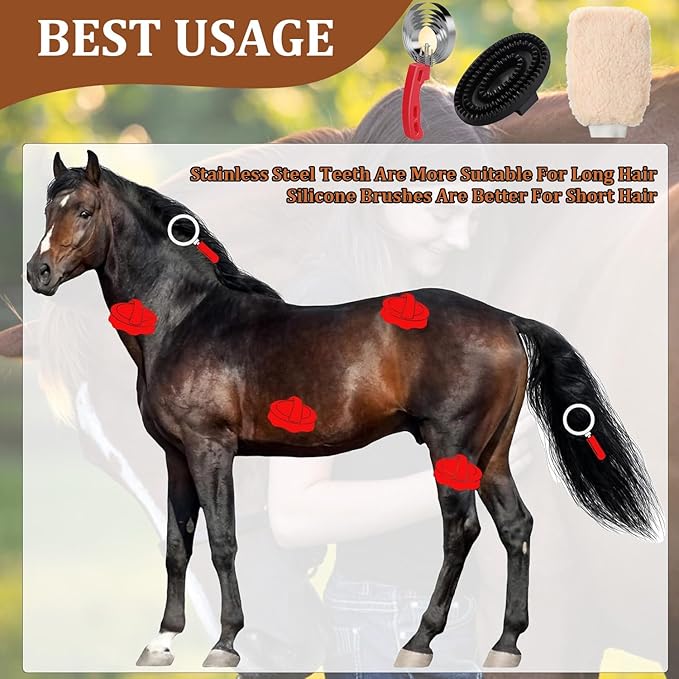 Rubber Curry Comb with Handle, Horse Grooming Brush & Shampoo Brush for Dogs, Cats & Horses, Shedding Curry Comb for Short & Long Hair, Pet Bathing & Shower Supplies