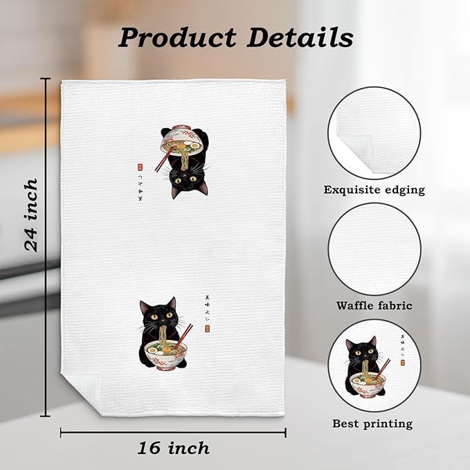 Funny Black Cat Kitchen Towel, Sushi Cat Lover Gifts Dish Towel, Japanese Ramen Noodles Sushi Black Kitty Decorative Hand Towel 16x24 Inch(B)