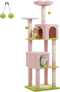 MUTTROS Flower Cat Tree, 62-Inch Large Cat Tower for Multi-Cat Households w/Scratching Posts, Multi-Level Cat Condo w/Cozy Top Perch & Scratching Pad, Padded Platform, 2 Pompoms, Pink
