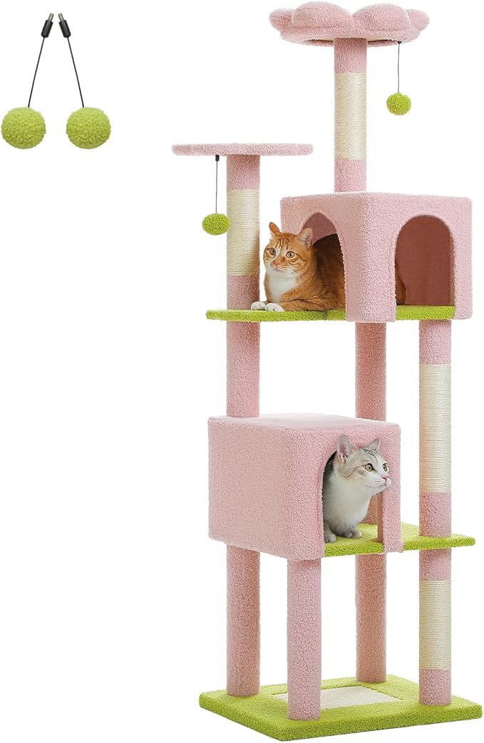 MUTTROS Flower Cat Tree, 62-Inch Large Cat Tower for Multi-Cat Households w/Scratching Posts, Multi-Level Cat Condo w/Cozy Top Perch & Scratching Pad, Padded Platform, 2 Pompoms, Pink