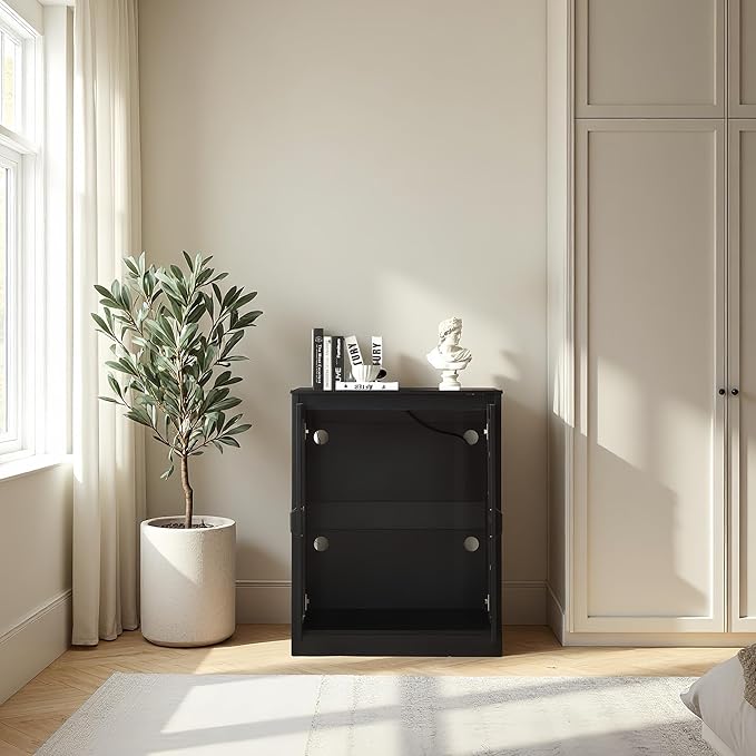 Cat Litter Enclosure with Cat-Viewing Glass Doors, Litter Cabinet with Power Outlet and Cozy LED Lights, Reversible and Optional Entry, Black