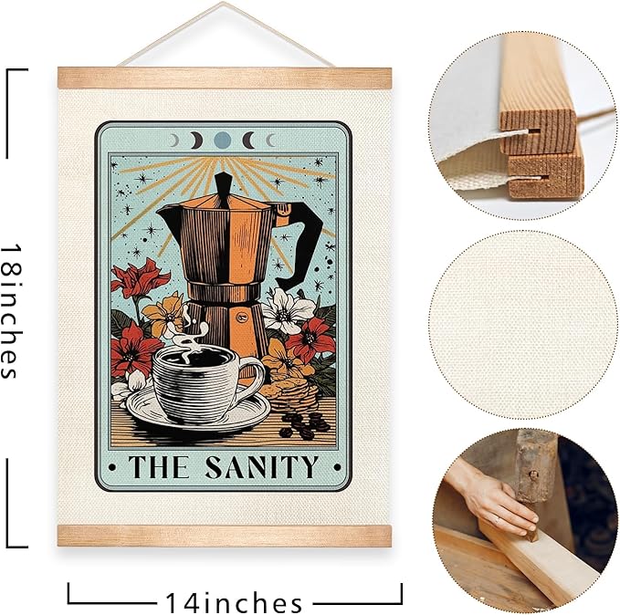 HEYJEEPER The Sanity Tarot Card Wall Art, 14x18inch Vintage CoffeePot and Floral Linen Poster,Boho Wall Hanging Decor for Kichen,Coffee Bar,Cafe Shop,or Office,Coffee Lovers Gift(The sanity)
