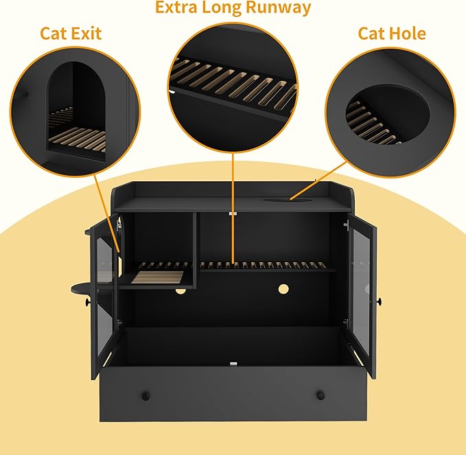 Extra Large Cat Litter Box Enclosure Furniture Hidden, Cat Condo Cabinet Pet House with Stairs for 2, Nightstand Side Table witha Large Drawer for Living Room, Black