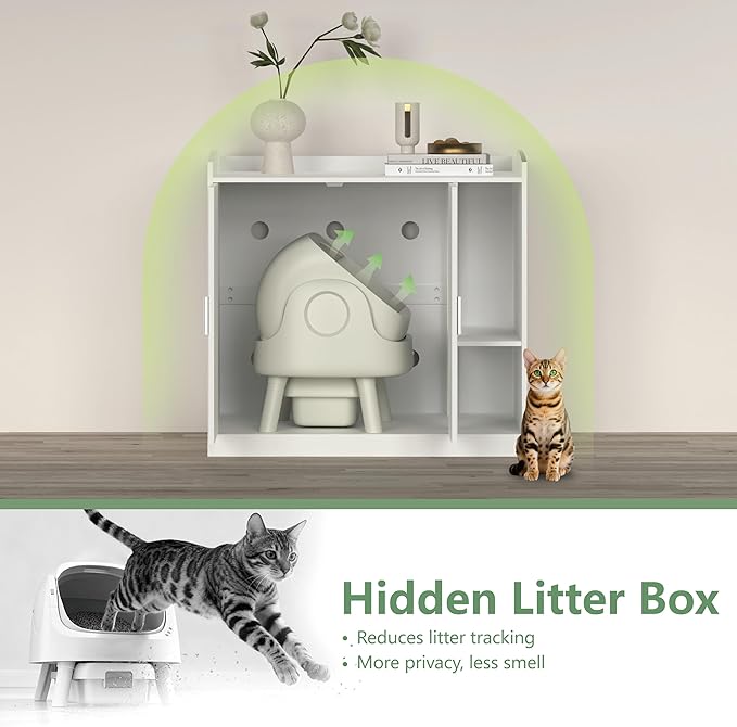 Extra Large Litter Box Enclosure with Adjustable Dog Proof Shelf - Designed for Self-Cleaning and XXL Litter Boxes (White)