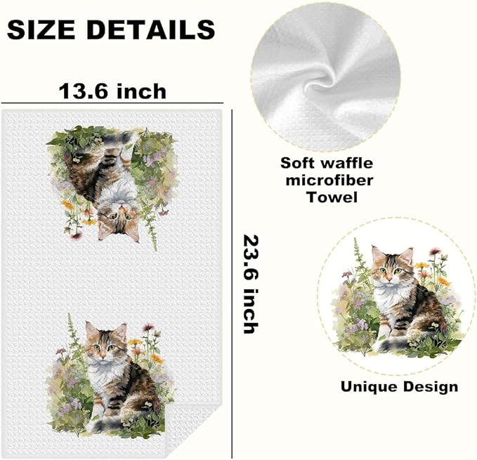 4 Pcs Watercolor Cat Kitchen Towels, Pastoral Flower Decorative Absorbent Microfiber Dish Cloth Tea Towel,cats Waffle Soft Hand Towels for Farmhouse Home Bathroom Kitchen Decor, Cat Lover Gifts