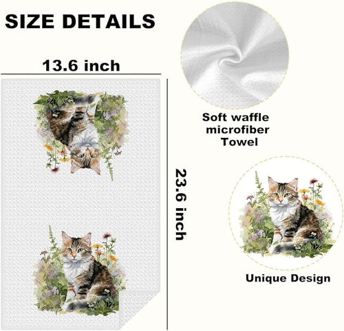 4 Pcs Watercolor Cat Kitchen Towels, Pastoral Flower Decorative Absorbent Microfiber Dish Cloth Tea Towel,cats Waffle Soft Hand Towels for Farmhouse Home Bathroom Kitchen Decor, Cat Lover Gifts