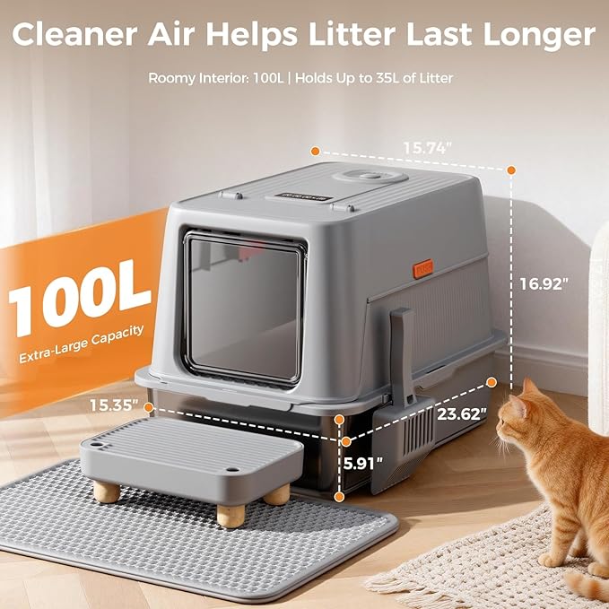 GTPLAYER XXL Stainless Steel Cat Litter Box with Lid, Smart Odor Control Enclosed Litter Box for Cats, Infrared Sensor Auto Pause, Non-Stick Anti-Leak High-Sided, with Mat, Scoop & Step, Curious Kitty