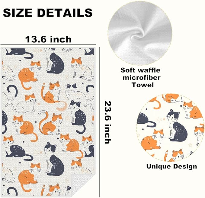 Lovdazzles 4 Pcs Whimsical Cat Kitchen Towels, Cute Cats Decorative Absorbent Microfiber Dish Cloth Tea Towel, Waffle Soft Hand Towels for Farmhouse Home Bathroom Kitchen Decor, Cat Lover Gifts