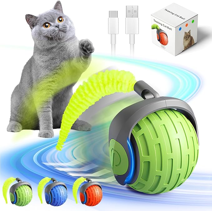 2025 New Interactive Cat Ball Toy for Indoor Cats Rotating Ball Toy,Automatic Moving for Bored Indoor Kitten,360°Automatic Rolling Balls Toy Electric Dogs Cat Balls (Green)