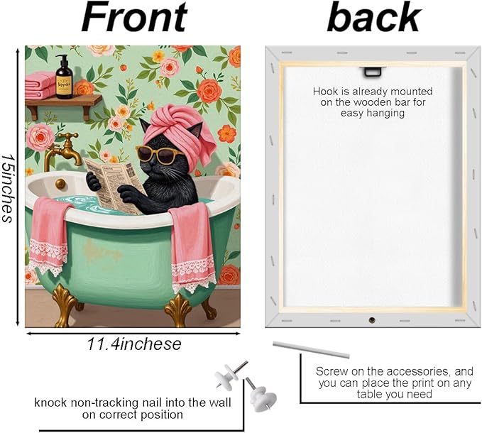 Funny Cat Bathroom Canvas Wall Art, 11.4x15in Cat Framed Art Paintings Wall Decor Unique Gifts And Animal Lover Prints Picture for Living Room Bathroom Kitchen Farmhouse Decor