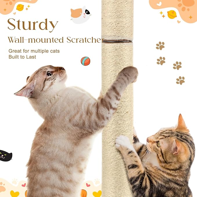 AceOrbit 2 Pcs 30" Wall Mounted Cat Scratching Post for Large Cats, Wall Mounted Sisal Scratching Post, Furniture for Indoor Cats Climb Stretch Play, Tall and Sturdy Cat Climbing Pole