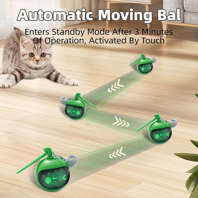 Interactive Cat Toys for Indoor Cats, Automatic Motion Activated Kitten Ball Toy, Moving Stimulation Cat Toys for Bored Indoor Adult Cats, Low Noise Fast Rolling Moving Ball (Green)