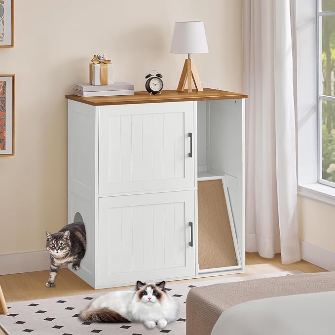 Litter Box Enclosure for 2 Cats, Hidden Litter Box Furniture with Scratch Pad, Double Litter Boxes Enclosure, Wooden Cat Washroom, Indoor Cat House End Table, White and Walnut CWBZ3201