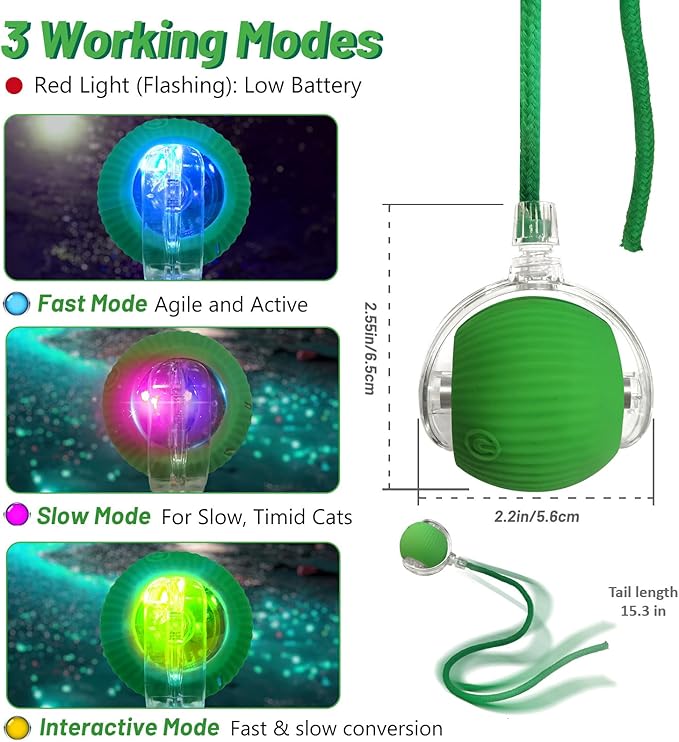 Smart Interactive Cat Toy - Automatic Moving Ball with 3 Modes, Motion Activated Self-Rolling with Long Tail & LED - Enrichment for Bored Indoor Cats (Green)