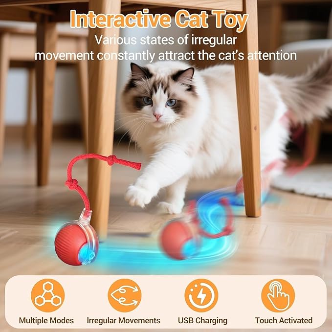 Interactive Cat Toys for Indoor Cats, USB Rechargeable Self-Moving Ball with Tail, Automatic Rolling Ball with 3 Modes, Touch Activated,
