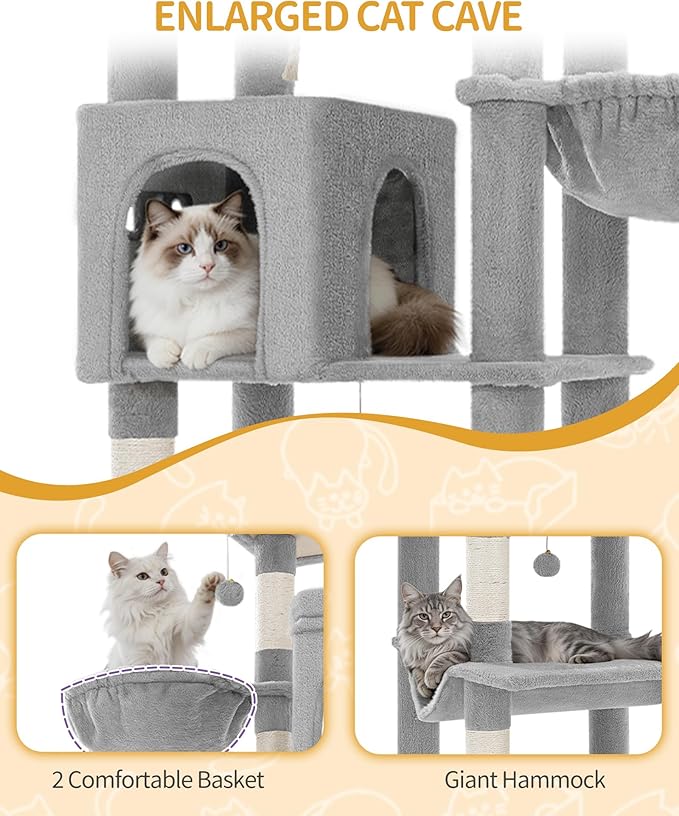 Hzuaneri Large Sturdy Cat Tree Tower, 75 Inch Tall Pet Condo For 7 Large Cats, Cat Tree Indoor Climbing Activity Tower, 2 Large Platform/2 Cave/2 Hanging Basket/5 Scratching Post, Light Grey MS19018LG