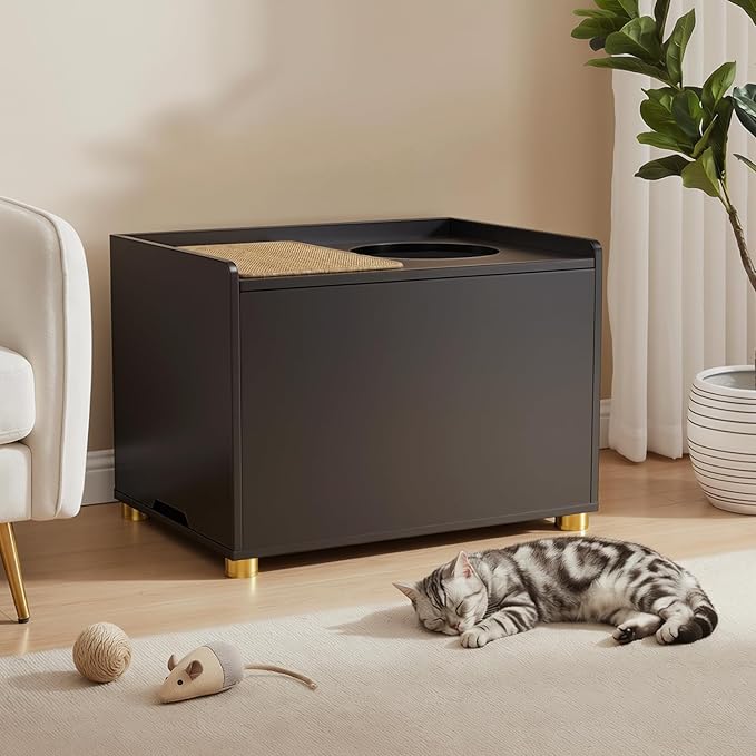 Top Entry Litter Box Enclosure, Flip Top Cat Litter Box Furniture with Scratch Mat, Stylish Hidden Cat Washroom for Large Cats (Black)