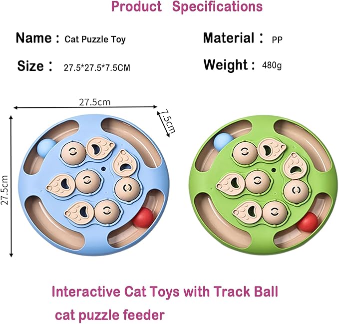Cat Puzzle Toys Games Level 3 in 1 with Track Balls, Interactive Mentally Stimulating cat toys for IQ Training,Feather Teaser & Treat Feeder, Enrichment for Indoor Cats, Kitty Gift (Green)