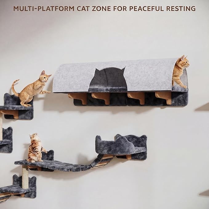 16-in-1 Cat Wall Shelves, Wall Mounted Cat Furniture Set w/Plush Fabric, Cat Climbing Wall Systems, Cats Shelf with 40''L Tunnel, Condos, House, Steps, Bridge Ladder & Scratching Post, Grey