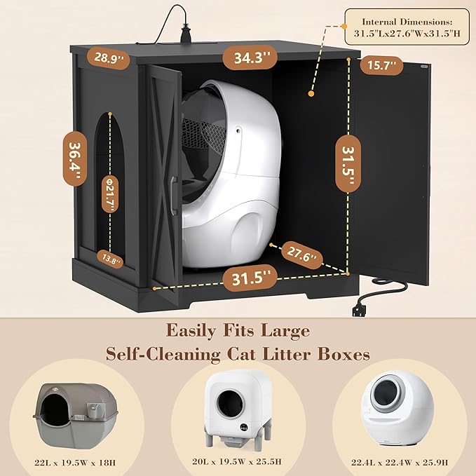 Heybly 34.5" Litter Box Enclosure,Large Robot Cabinet with Charging Station,Wooden Cat Litter Box Enclosure Furniture for Self-Cleaning Robot 3 & 4,Hidden for Smart Litter Box Size, Black HCLB004BK