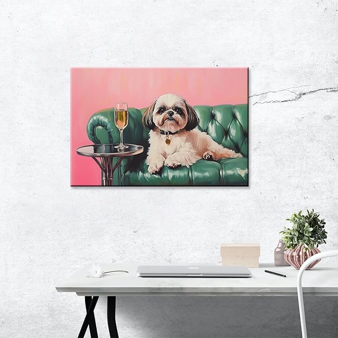 Shih Tzu With Champagne Wrapped Framed Print Poster Whimsical Pet Art Bar Cart Decor Wall Art Room Decor Aesthetics Ready To Hang 12X18 inch