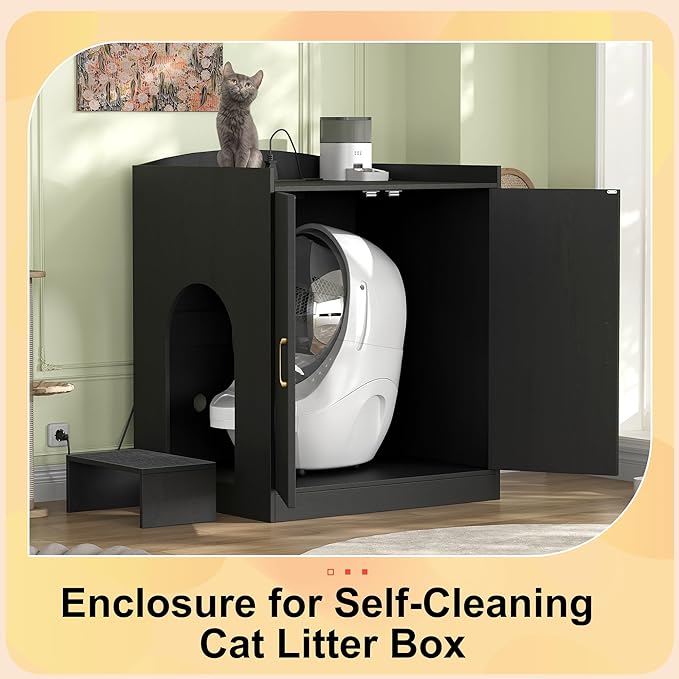 Heybly Litter box Enclosure,large Cabinet with Charging Station,Wooden Cat Litter Box Enclosure Furniture for Self-Cleaning Robot 3 & 4,Hidden for Smart Litter Box Size for senior cats,Black HCLB005BK
