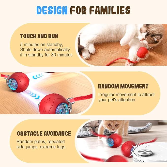 Smart Interactive Cat Ball Toy for Indoor Pets, 2025 New Automatic Rolling Toy with Tail, Electric Moving Cat Ball for Bored Cats and Dogs, Rechargeable and Durable Pet Toy for Cats and Dogs (Grey)