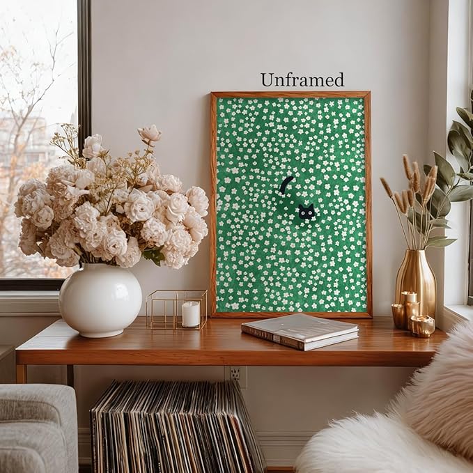 Black Cat Canvas Wall Art, Cute Cat In Daisies Meadow Aesthetic Poster, Adorable Animal Picture Rich Green Print Painting for Bedroom, Nursery Wall Decor Pet Lover Gift 8x10in Unframed