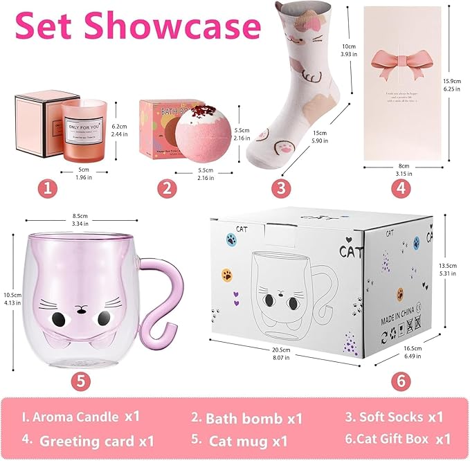 Cat Mug Gifts Set, Birthday Gifts for Women Her Mom, Christmas Presents for Women, Valentines Mothers Day Cat Lovers Presents Idea for Sister Wife Grandma Female Teacher Friend Coworker (Pink)