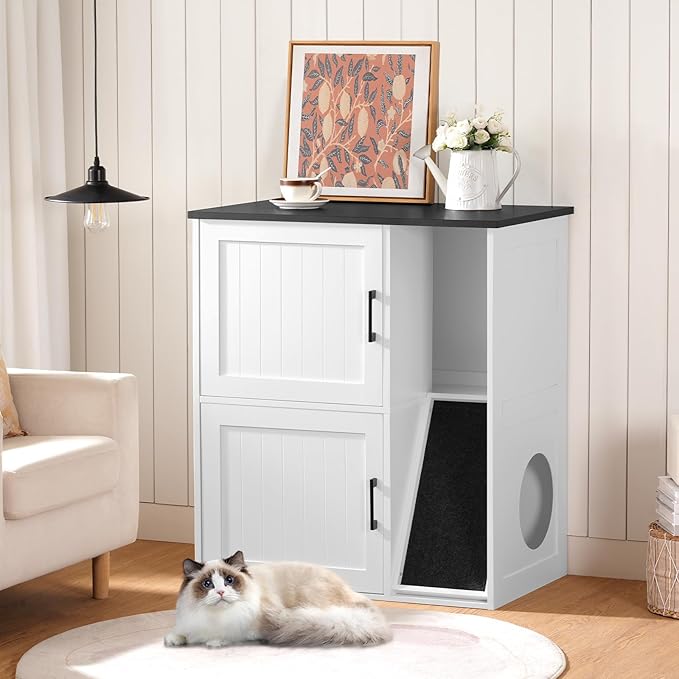Litter Box Enclosure for 2 Cats, Hidden Litter Box Furniture with Scratch Pad, Double Litter Boxes Enclosure, Wooden Cat Washroom, Indoor Cat House End Table, White and Black CWBB3201