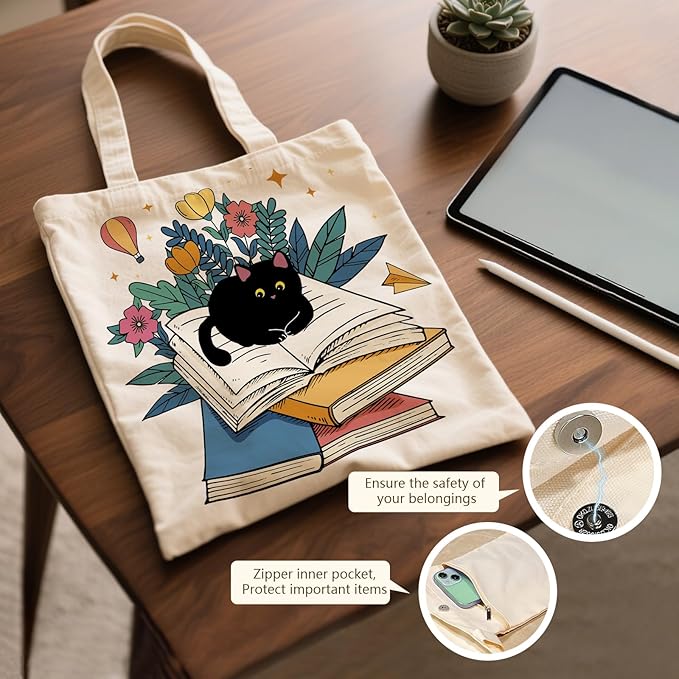 Aesthetic Canvas Tote Bag for Women - with Magnetic Snap Closure & Zipper Inner Pocket Reusable Bag for Shopping