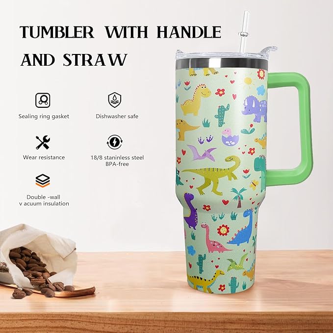 Stainless Steel Dinosaur Tumbler - 40 oz, Coffee Travel Mug with Lid and Straw, Perfect Dinosaur Gifts for Women